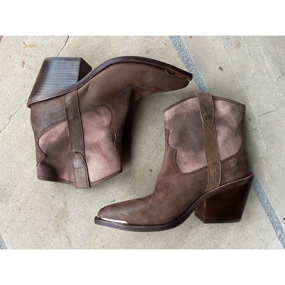 Dolce Vita Anthropologie Navene Chocolate Leather/Fabric Western Boots 7 ES - Picture 1 of 5